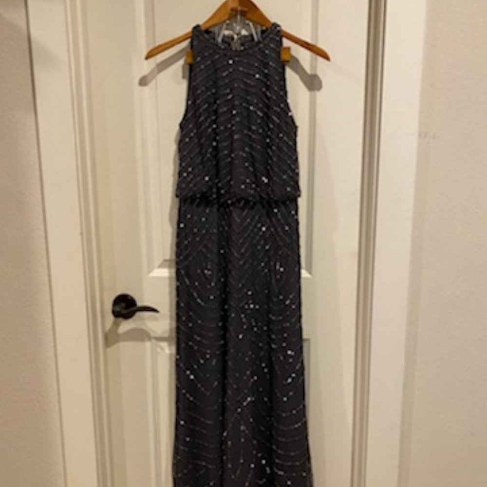 Adrianna Papell Beaded Blouson Dress With Halter Neckline, Gunmetal Gray, Size 2